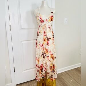 White House Black Market Open back Floral Halter High Low Maxi Dress Size 2